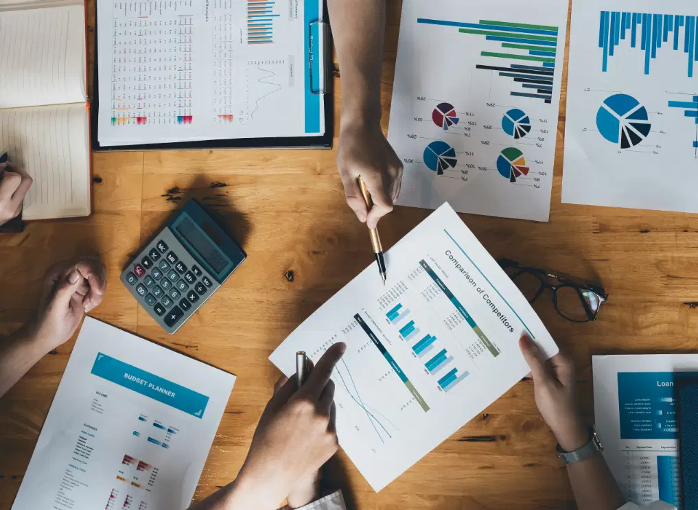 Analytics information printed out on paper on a table